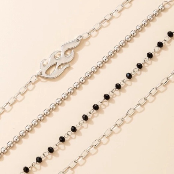 Layered Silver Flame Black Beaded Bracelet Set - Picture 4 of 5